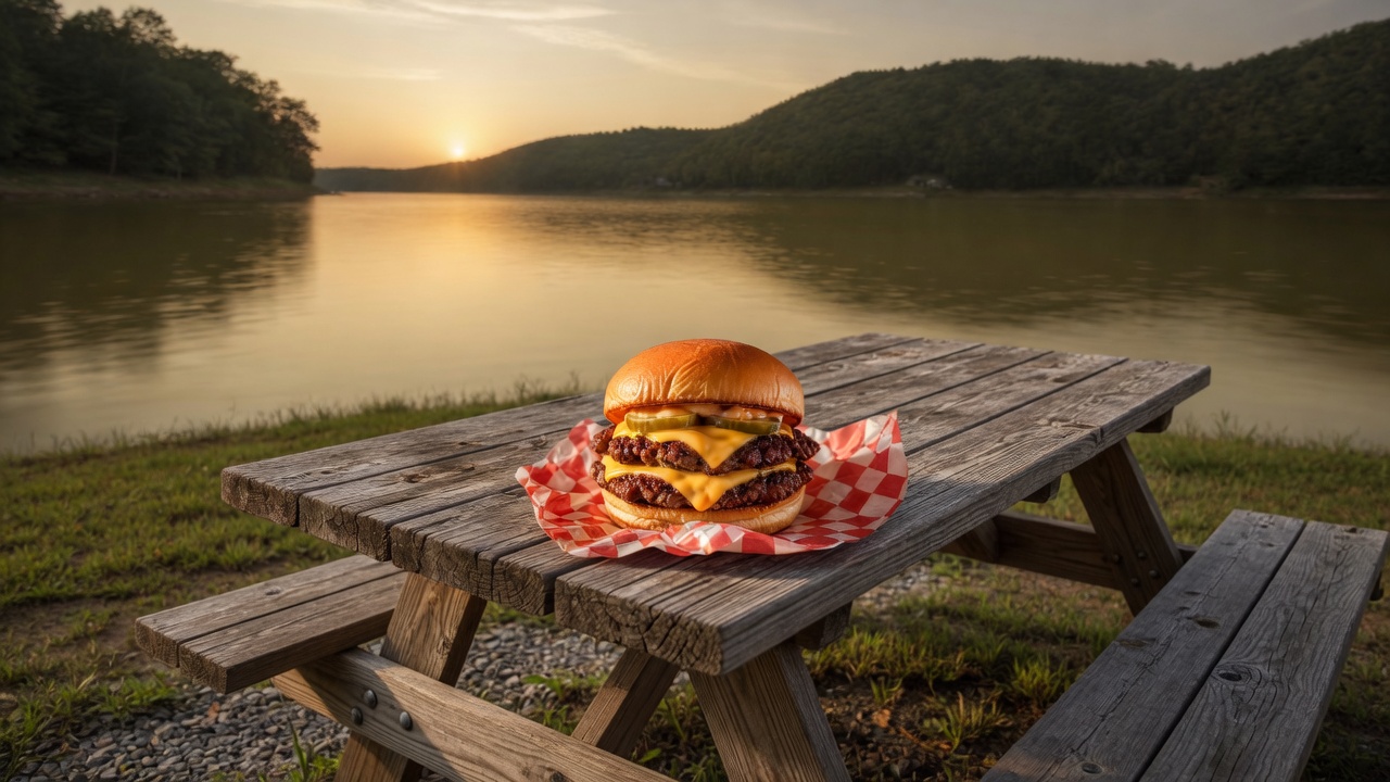 Smashburger on a weathered picnic table overlooking Lake Cumberland at sunset in Wayne County, Kentucky